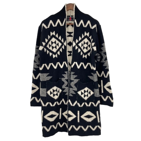 Toda Bela Aztec Tribal Print Wool Blend Duster Cardigan Open Front Sweater Boho - Picture 2 of 9